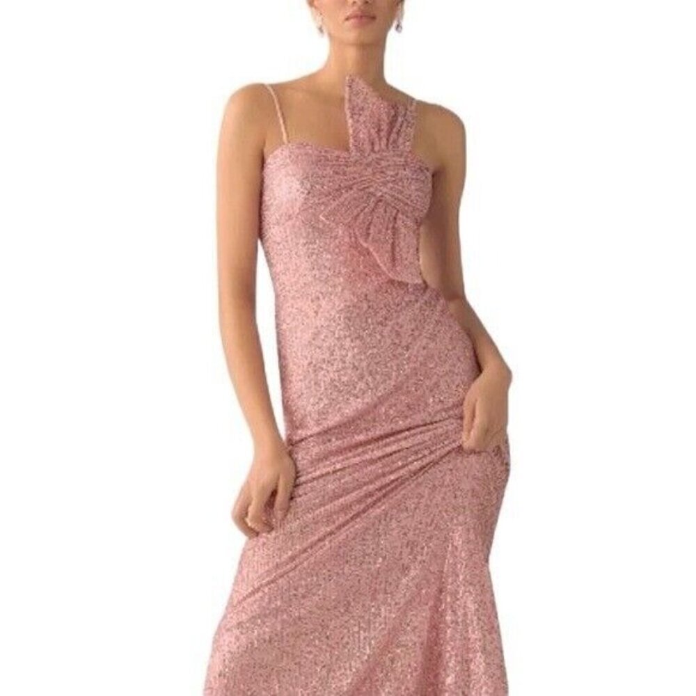 ANTHROPOLOGIE MAC DUGGAL Sequined Faux Bow Column Gown Pink Sequin Size 6 NEW - Picture 3 of 14